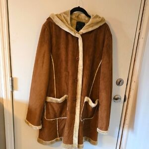 Women's Brown Hooded Suede Coat with Tan Fuzzy Faux Fur Trim